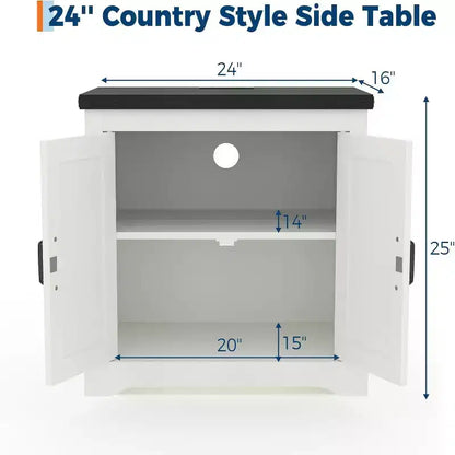 Gabinete de almacenamiento grande de granja blanco y puerta corrediza, mesa auxiliar rústica o mesita de noche para sala de estar, dormitorio