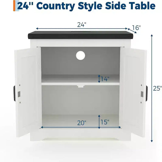 Gabinete de almacenamiento grande de granja blanco y puerta corrediza, mesa auxiliar rústica o mesita de noche para sala de estar, dormitorio