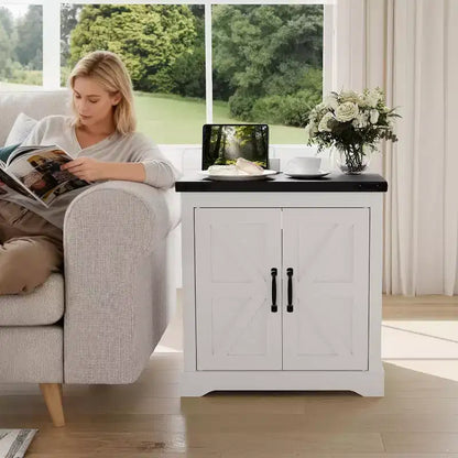 Gabinete de almacenamiento grande de granja blanco y puerta corrediza, mesa auxiliar rústica o mesita de noche para sala de estar, dormitorio