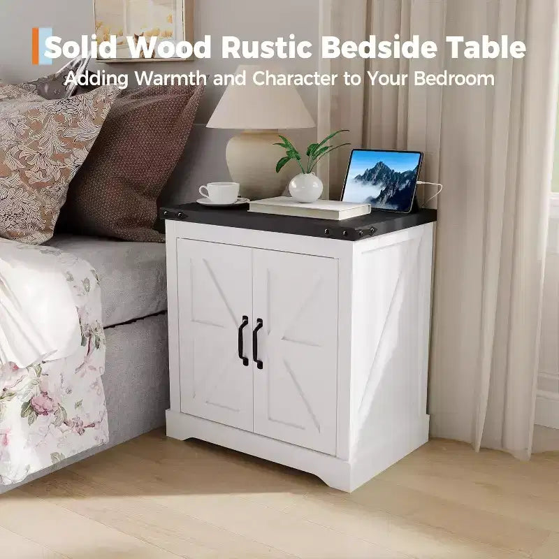 Gabinete de almacenamiento grande de granja blanco y puerta corrediza, mesa auxiliar rústica o mesita de noche para sala de estar, dormitorio