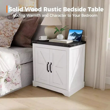 Gabinete de almacenamiento grande de granja blanco y puerta corrediza, mesa auxiliar rústica o mesita de noche para sala de estar, dormitorio