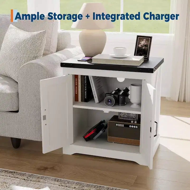 Gabinete de almacenamiento grande de granja blanco y puerta corrediza, mesa auxiliar rústica o mesita de noche para sala de estar, dormitorio