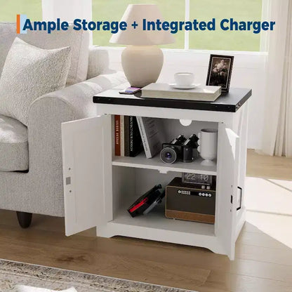 Gabinete de almacenamiento grande de granja blanco y puerta corrediza, mesa auxiliar rústica o mesita de noche para sala de estar, dormitorio