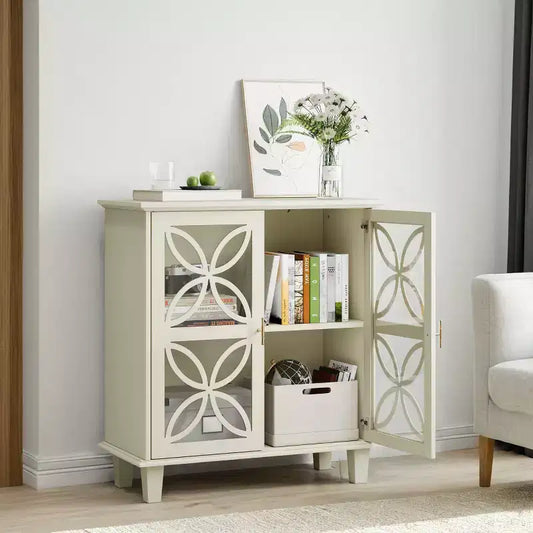 Mueble auxiliar crema de 32" con puertas de cristal, diseño geométrico de pétalos y patas de madera maciza