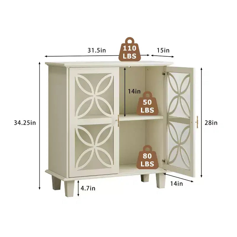 Mueble auxiliar crema de 32" con puertas de cristal, diseño geométrico de pétalos y patas de madera maciza