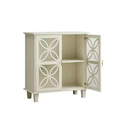 Mueble auxiliar crema de 32" con puertas de cristal, diseño geométrico de pétalos y patas de madera maciza