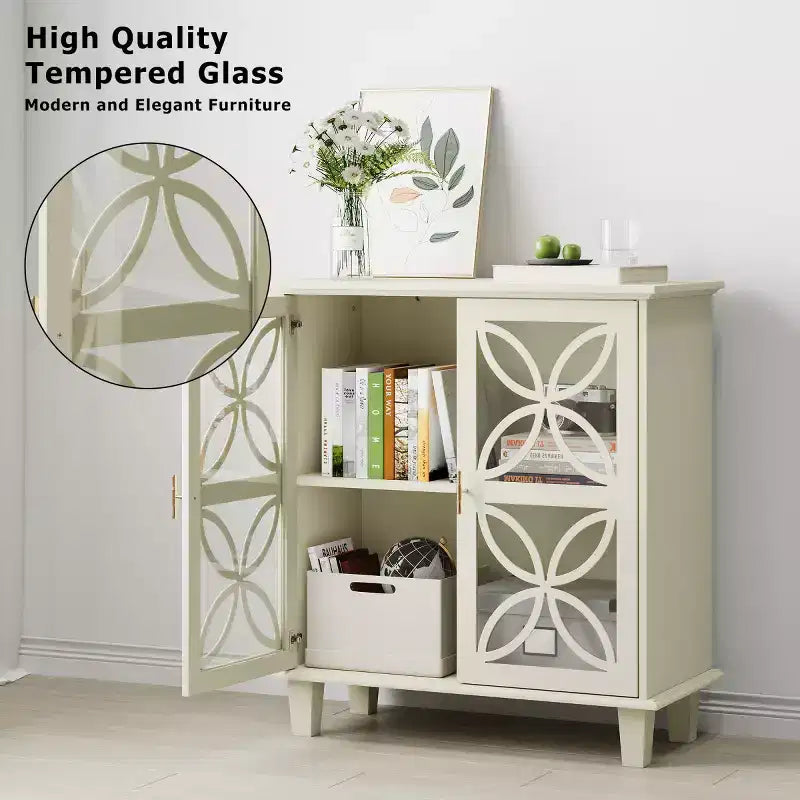 Mueble auxiliar crema de 32" con puertas de cristal, diseño geométrico de pétalos y patas de madera maciza