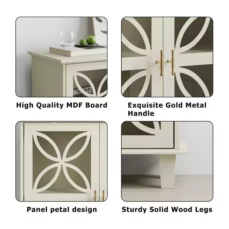 Mueble auxiliar crema de 32" con puertas de cristal, diseño geométrico de pétalos y patas de madera maciza