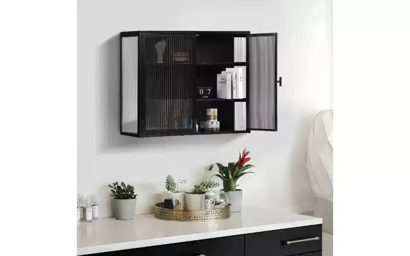 Aparador de 3 niveles moderno, hierro y vidrio templado con 2 puertas para organizar el hogar