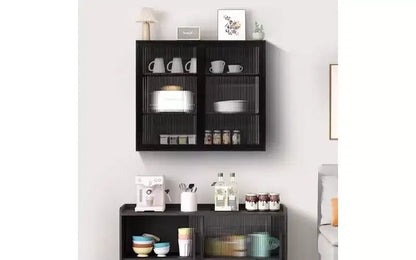Aparador de 3 niveles moderno, hierro y vidrio templado con 2 puertas para organizar el hogar