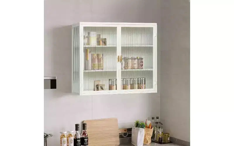 Aparador de 3 niveles moderno, hierro y vidrio templado con 2 puertas para organizar el hogar