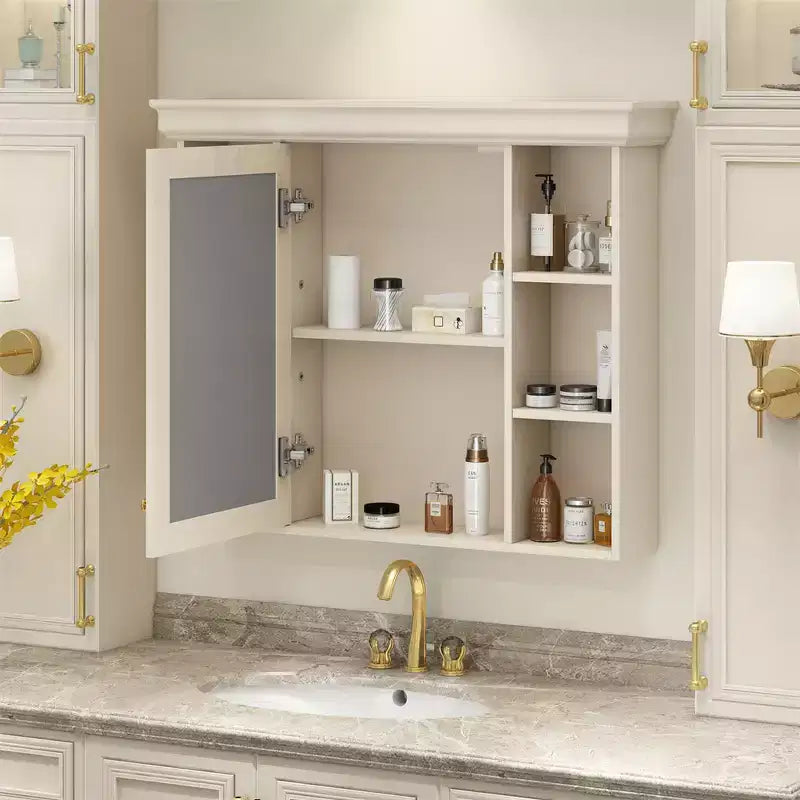 Gabinete de baño con espejo, gabinete de almacenamiento de baño moderno montado en la pared con 6 estantes abiertos, puerta de cierre suave, independiente