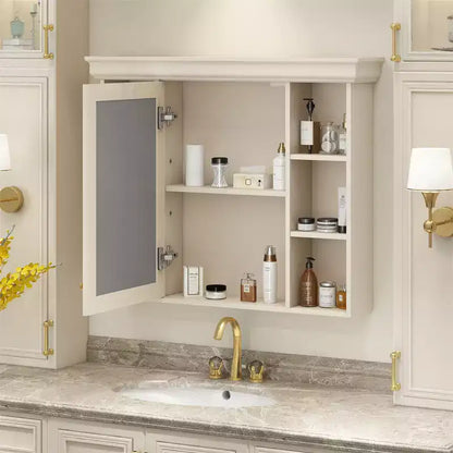 Gabinete de baño con espejo, gabinete de almacenamiento de baño moderno montado en la pared con 6 estantes abiertos, puerta de cierre suave, independiente