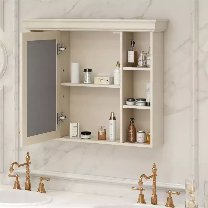 Gabinete de baño con espejo, gabinete de almacenamiento de baño moderno montado en la pared con 6 estantes abiertos, puerta de cierre suave, independiente