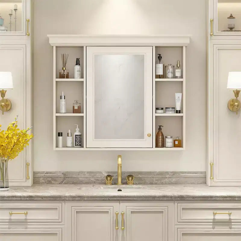 Gabinete de baño con espejo, gabinete de almacenamiento de baño moderno montado en la pared con 6 estantes abiertos, puerta de cierre suave, independiente
