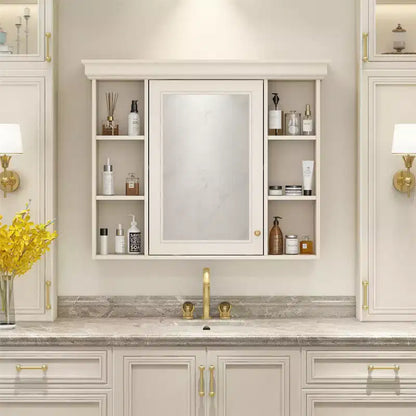 Gabinete de baño con espejo, gabinete de almacenamiento de baño moderno montado en la pared con 6 estantes abiertos, puerta de cierre suave, independiente