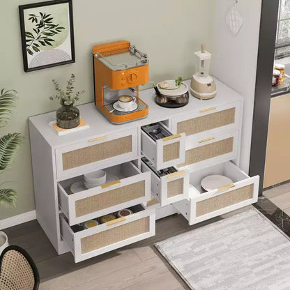 Cómoda de 9 cajones, cómoda de ratán para dormitorio, armario de almacenamiento ancho de madera natural con asas, organizador de cajones para TV