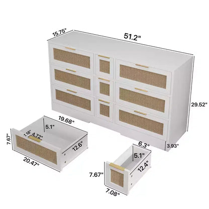 Cómoda de 9 cajones, cómoda de ratán para dormitorio, armario de almacenamiento ancho de madera natural con asas, organizador de cajones para TV