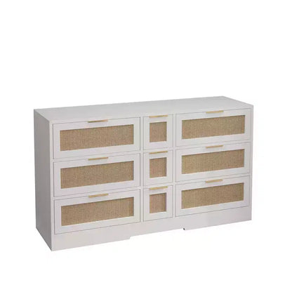 Cómoda de 9 cajones, cómoda de ratán para dormitorio, armario de almacenamiento ancho de madera natural con asas, organizador de cajones para TV