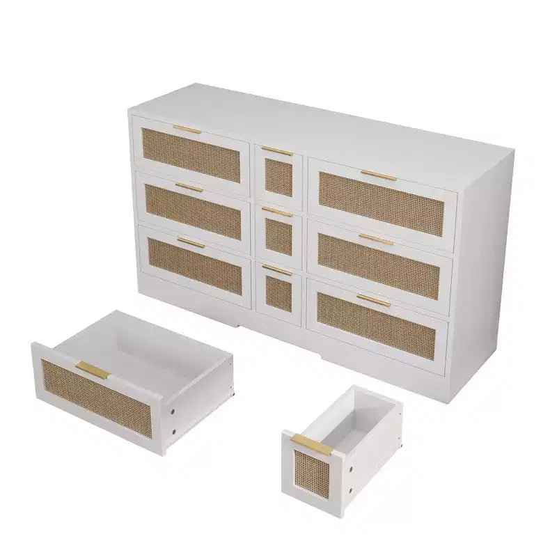 Cómoda de 9 cajones, cómoda de ratán para dormitorio, armario de almacenamiento ancho de madera natural con asas, organizador de cajones para TV