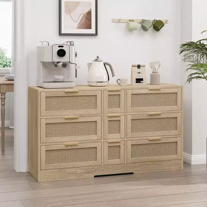 Cómoda de 9 cajones, cómoda de ratán para dormitorio, armario de almacenamiento ancho de madera natural con asas, organizador de cajones para TV