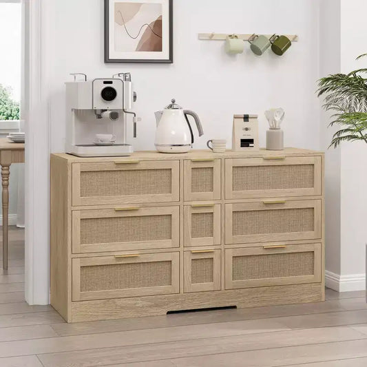 Cómoda de 9 cajones, cómoda de ratán para dormitorio, armario de almacenamiento ancho de madera natural con asas, organizador de cajones para TV