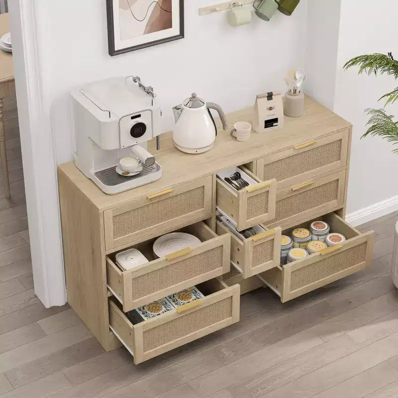 Cómoda de 9 cajones, cómoda de ratán para dormitorio, armario de almacenamiento ancho de madera natural con asas, organizador de cajones para TV