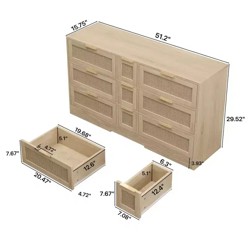 Cómoda de 9 cajones, cómoda de ratán para dormitorio, armario de almacenamiento ancho de madera natural con asas, organizador de cajones para TV