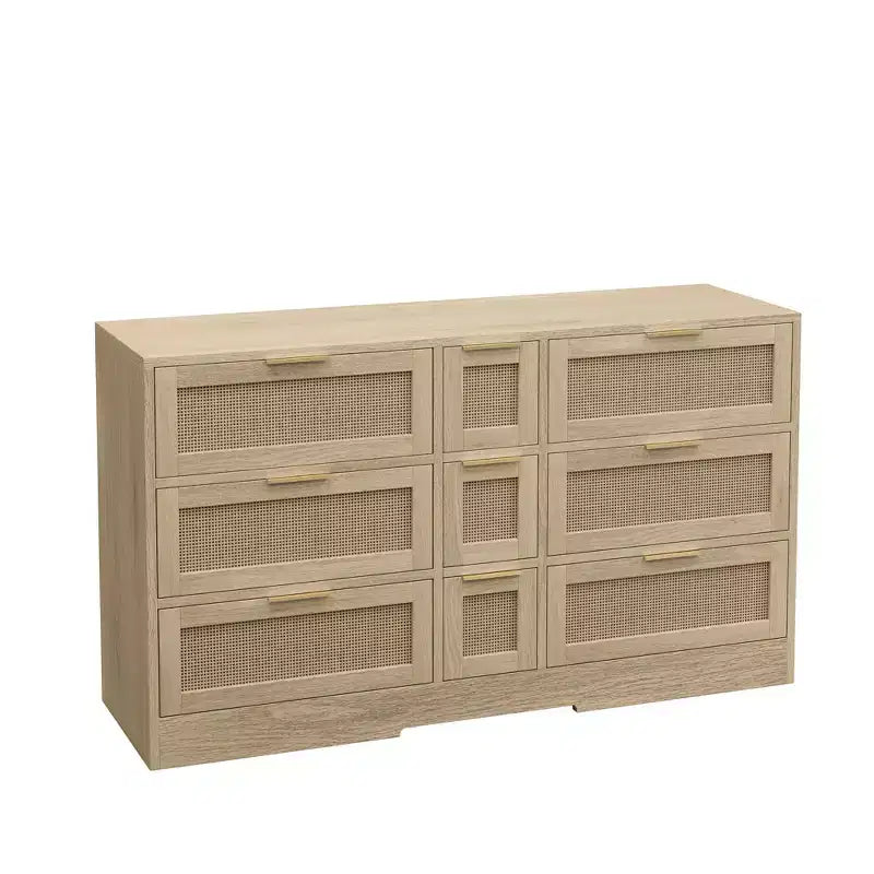 Cómoda de 9 cajones, cómoda de ratán para dormitorio, armario de almacenamiento ancho de madera natural con asas, organizador de cajones para TV