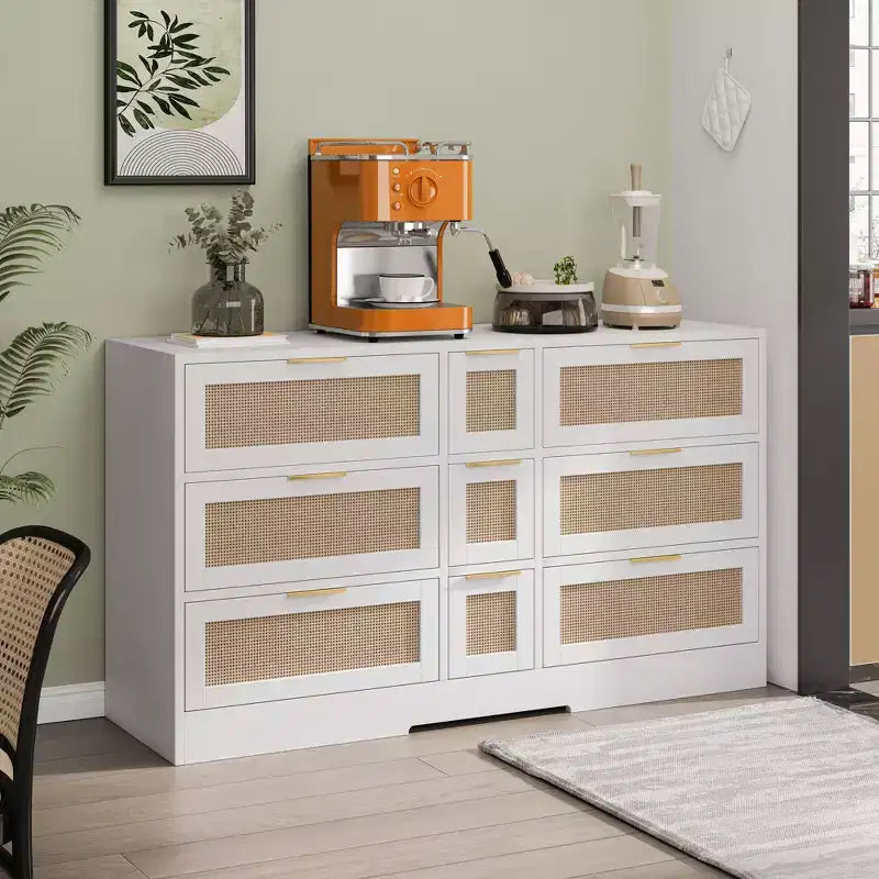 Cómoda de 9 cajones, cómoda de ratán para dormitorio, armario de almacenamiento ancho de madera natural con asas, organizador de cajones para TV
