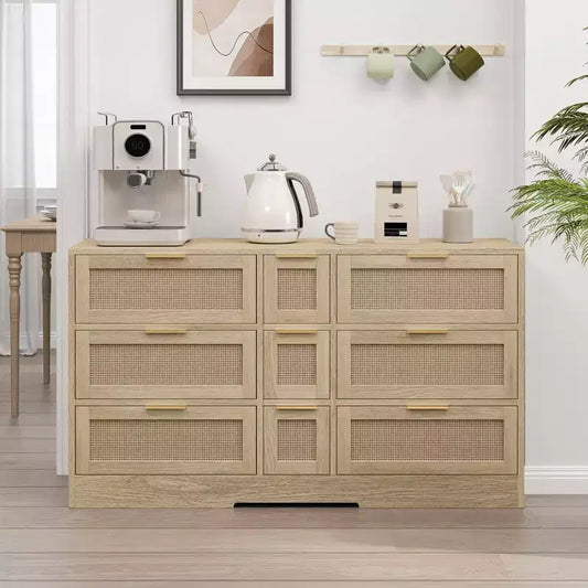9 Drawer Dresser, Rattan Chest of Dressers for Bedroom, Natural Wooden Wide Storage Cabinet with Handles, Dresser TV Stand Drawer Organizer
