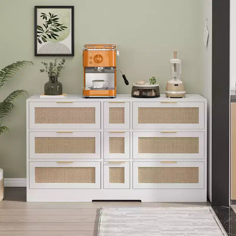 Cómoda de 9 cajones, cómoda de ratán para dormitorio, armario de almacenamiento ancho de madera natural con asas, organizador de cajones para TV