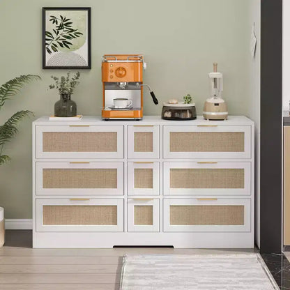 Cómoda de 9 cajones, cómoda de ratán para dormitorio, armario de almacenamiento ancho de madera natural con asas, organizador de cajones para TV