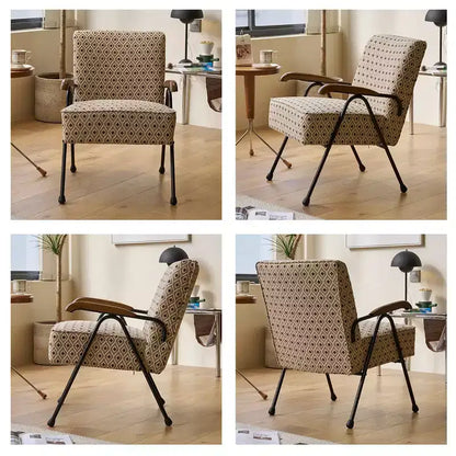 Sillón orejero moderno de tela con respaldo alto y patas de metal en X para sala de estar