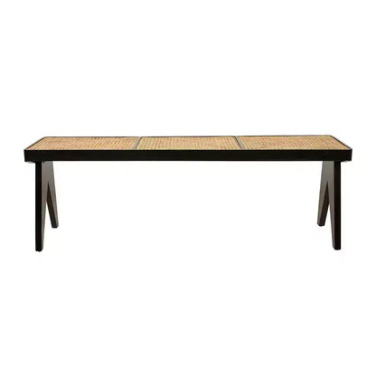 Banco de ratán tejido a mano de 55", base de madera de mango, rectangular, sin tapizar, para 3 personas