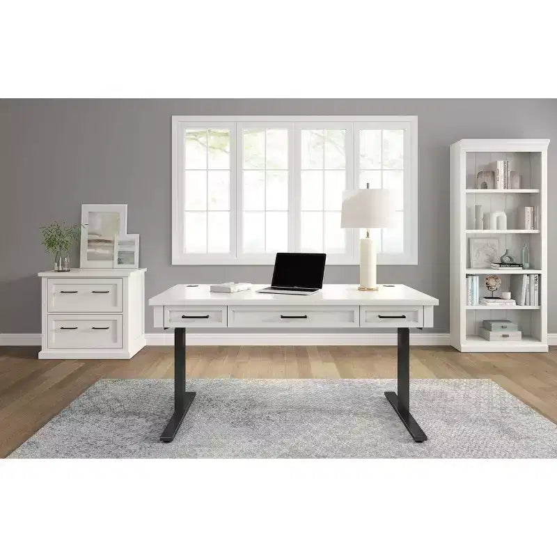 Archivador lateral moderno de madera blanca con puertas estilo shaker y centros de energía integrados