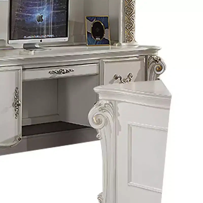 Escritorio de computadora y alacena de 89" con acabado de perla antigua, madera compuesta, estante de almacenamiento abierto, no requiere herramientas para ensamblar