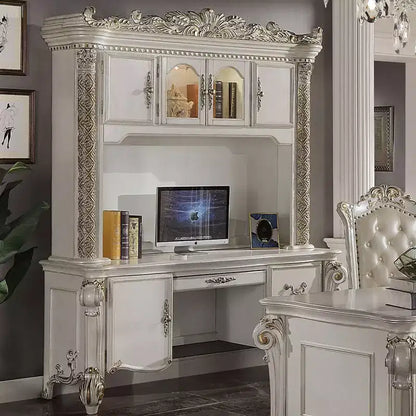 Escritorio de computadora y alacena de 89" con acabado de perla antigua, madera compuesta, estante de almacenamiento abierto, no requiere herramientas para ensamblar