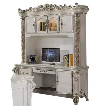 Escritorio de computadora y alacena de 89" con acabado de perla antigua, madera compuesta, estante de almacenamiento abierto, no requiere herramientas para ensamblar