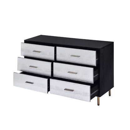 Cómoda de 47" y 5 cajones, acabado negro, plata y oro, madera compuesta, no requiere montaje