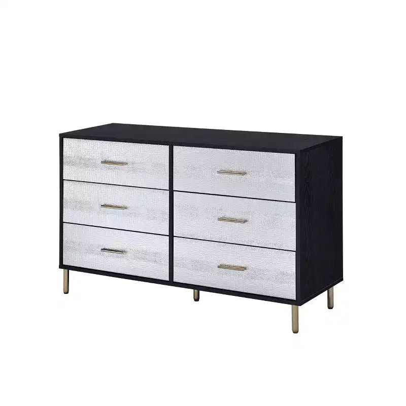 Cómoda de 47" y 5 cajones, acabado negro, plata y oro, madera compuesta, no requiere montaje