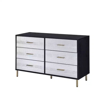 Cómoda de 47" y 5 cajones, acabado negro, plata y oro, madera compuesta, no requiere montaje