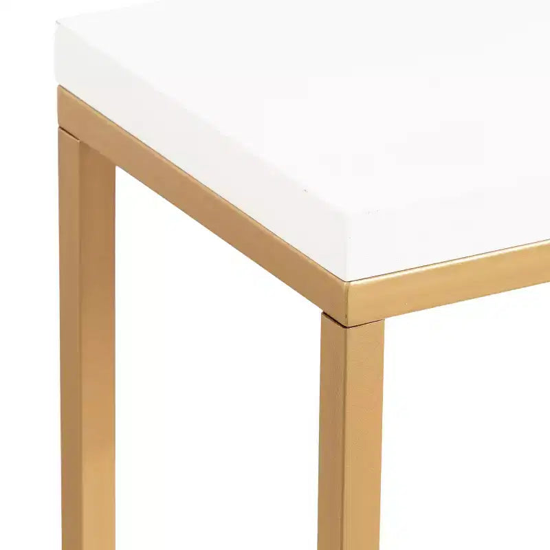 Mesa consola rectangular estilo Glam Moderno de MDF, 76x25x76 cm, Blanco y Dorado, Base de metal geométrica