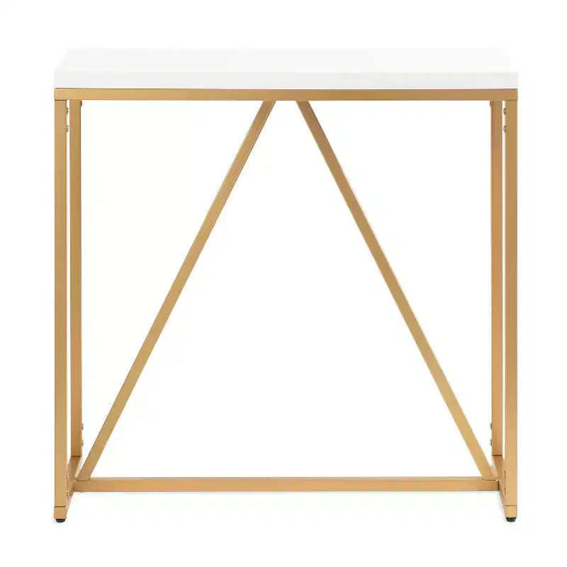 Mesa consola rectangular estilo Glam Moderno de MDF, 76x25x76 cm, Blanco y Dorado, Base de metal geométrica
