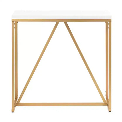 Mesa consola rectangular estilo Glam Moderno de MDF, 76x25x76 cm, Blanco y Dorado, Base de metal geométrica
