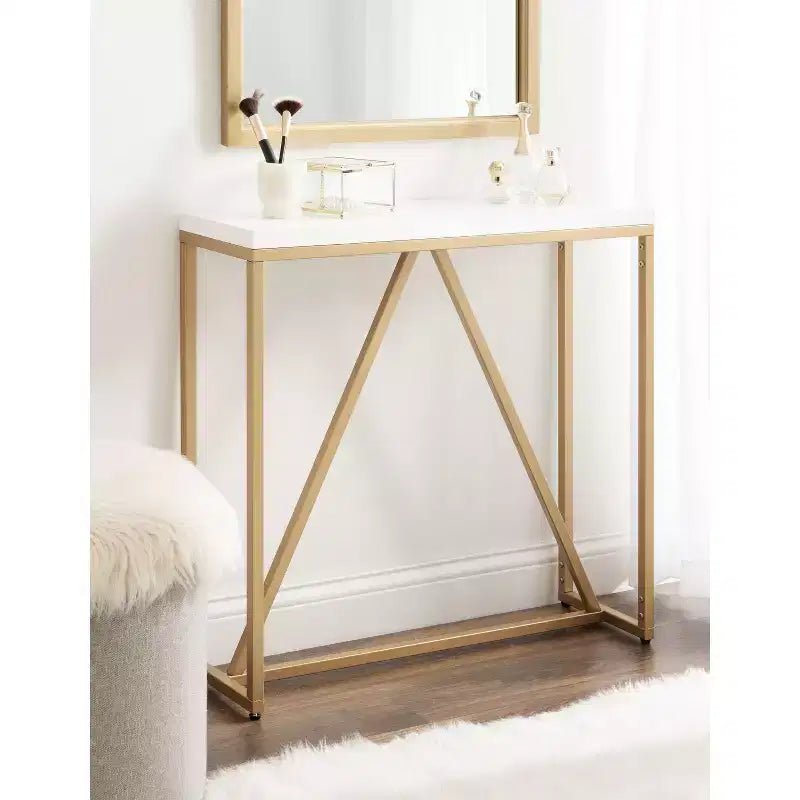 Mesa consola rectangular estilo Glam Moderno de MDF, 76x25x76 cm, Blanco y Dorado, Base de metal geométrica