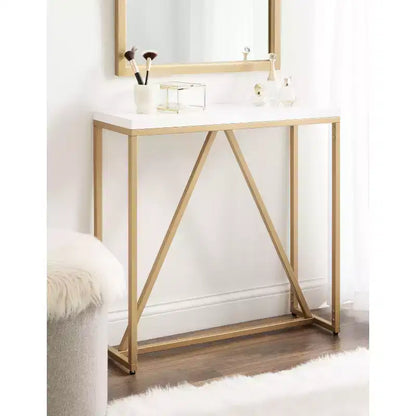 Mesa consola rectangular estilo Glam Moderno de MDF, 76x25x76 cm, Blanco y Dorado, Base de metal geométrica