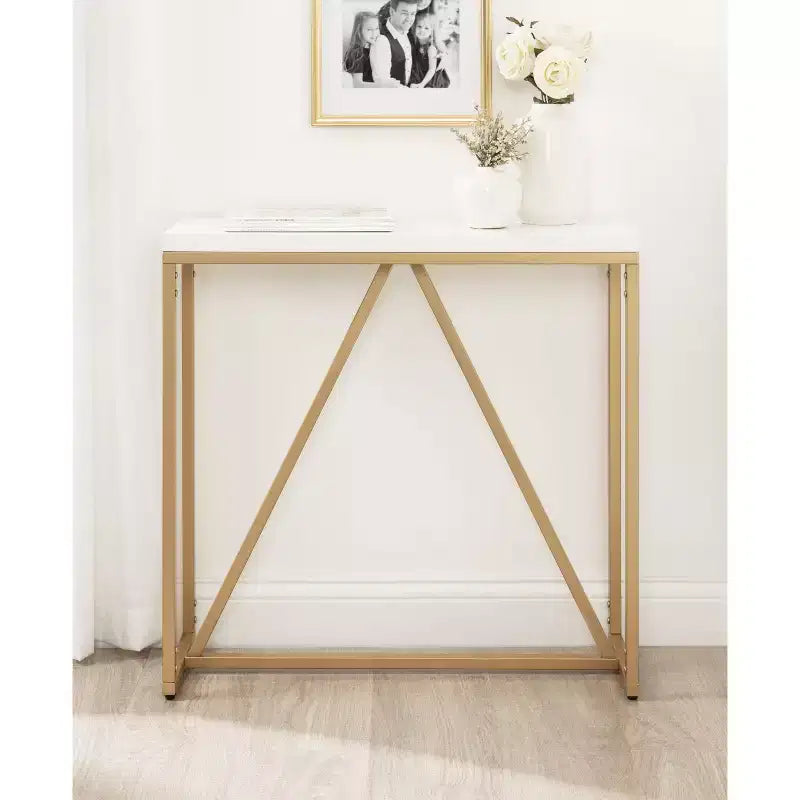 Mesa consola rectangular estilo Glam Moderno de MDF, 76x25x76 cm, Blanco y Dorado, Base de metal geométrica