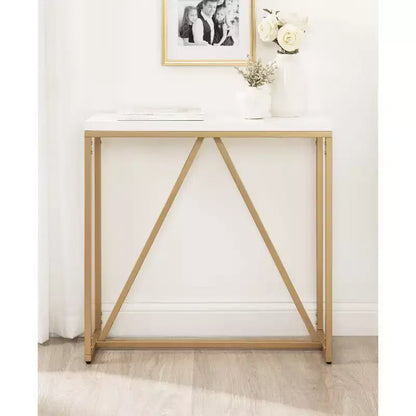 Mesa consola rectangular estilo Glam Moderno de MDF, 76x25x76 cm, Blanco y Dorado, Base de metal geométrica