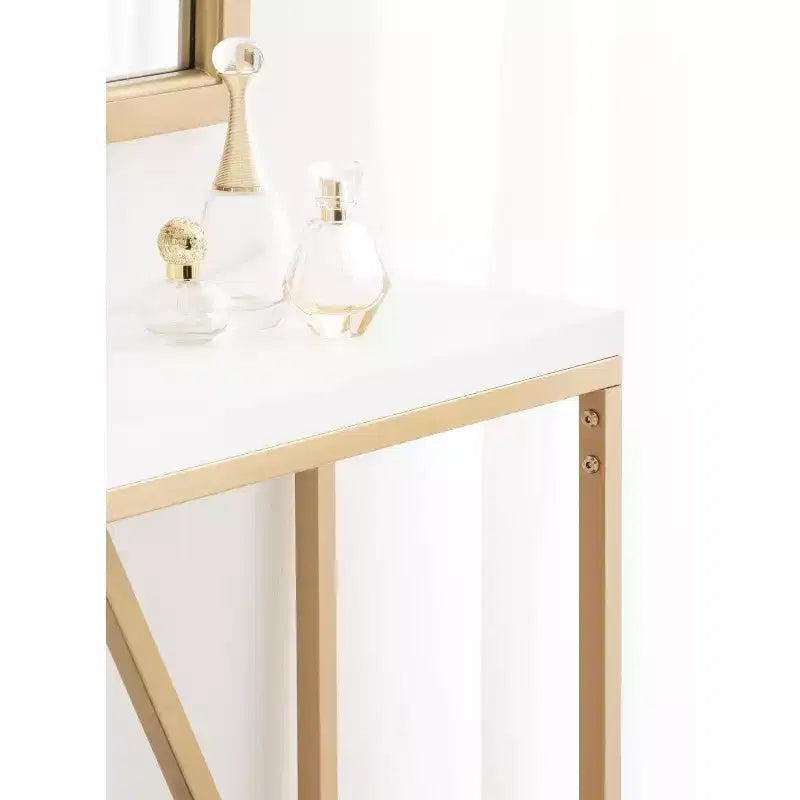 Mesa consola rectangular estilo Glam Moderno de MDF, 76x25x76 cm, Blanco y Dorado, Base de metal geométrica